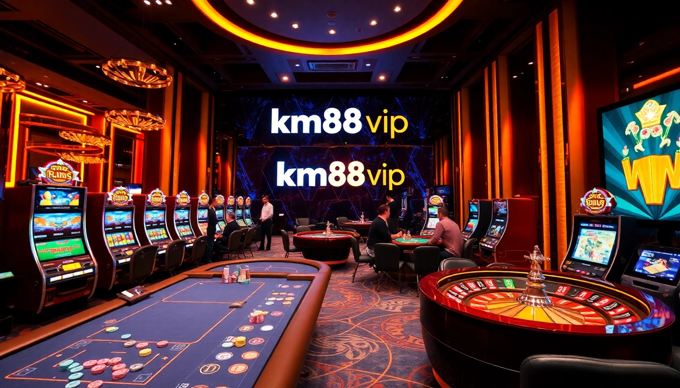 Engaging in high-stakes gameplay at km88vip casino featuring vibrant tables and slot machines.