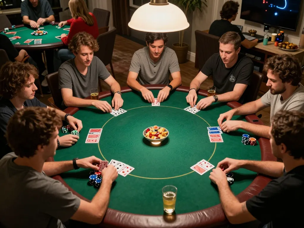 F168 poker night scene showcasing players strategizing over cards and chips in a vibrant home atmosphere.