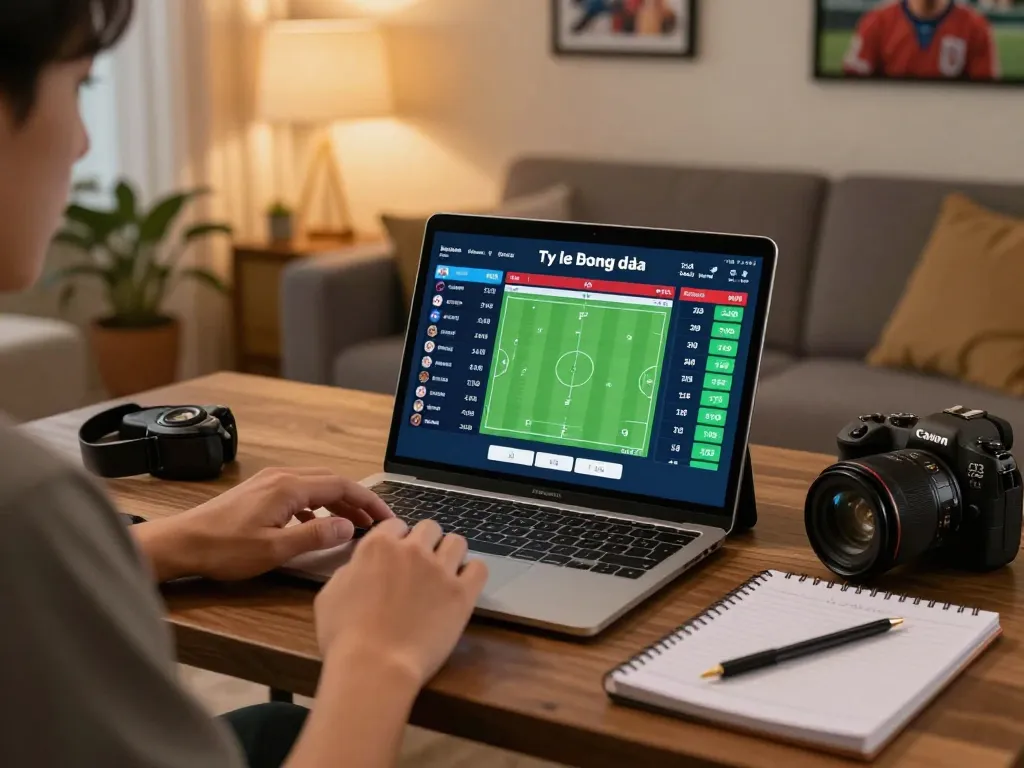 A person analyzing ty le bong da odds on a tablet while enjoying a cozy home environment.