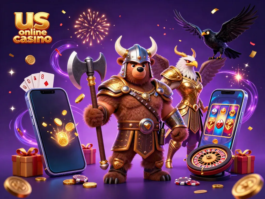 Engaging scene showcasing the us online casino theme with Viking and Valkyrie characters amid casino elements.