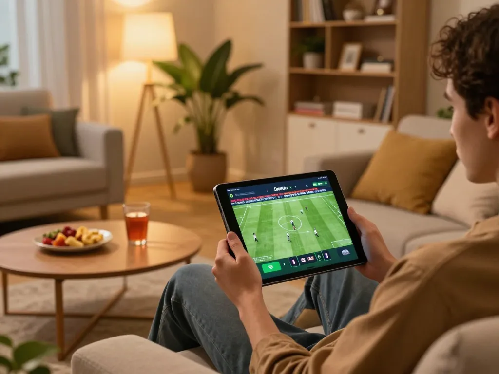 Engaging with the Cakhia app for live football streaming in a cozy home setting