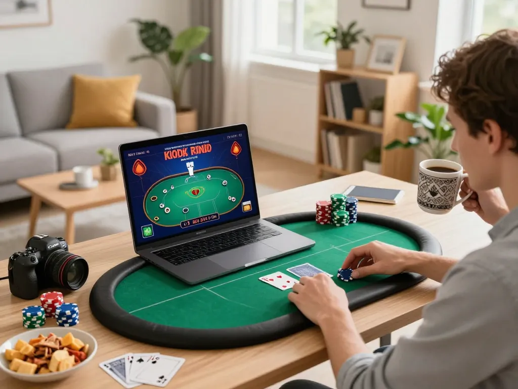 Player engaged in an online poker game showcasing strategy and focus at home, enjoying a cozy atmosphere with lu88 accessories.
