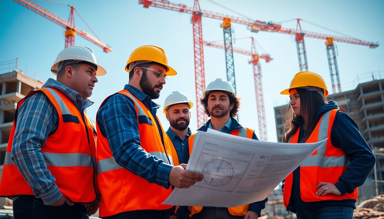 Engaging scene of Tennessee construction news featuring diverse workers analyzing blueprints on-site.
