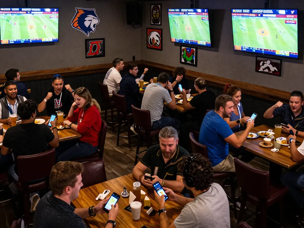 Kèo Nhà Cái live sports betting scene with excited bettors cheering for their teams in a vibrant sports bar.