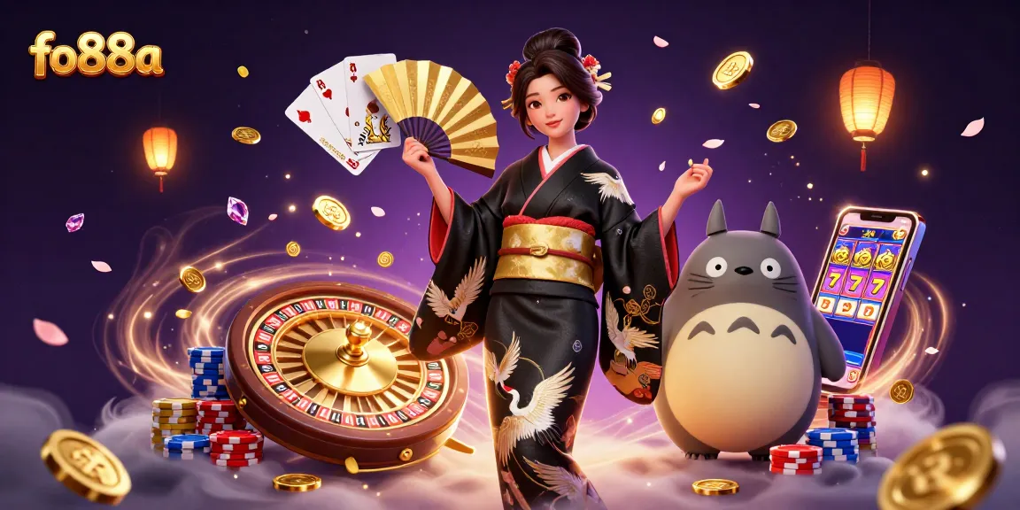 Engage in thrilling casino action with fo88a featuring a stylish 3D illustration of a woman and tanuki amidst coins and games.