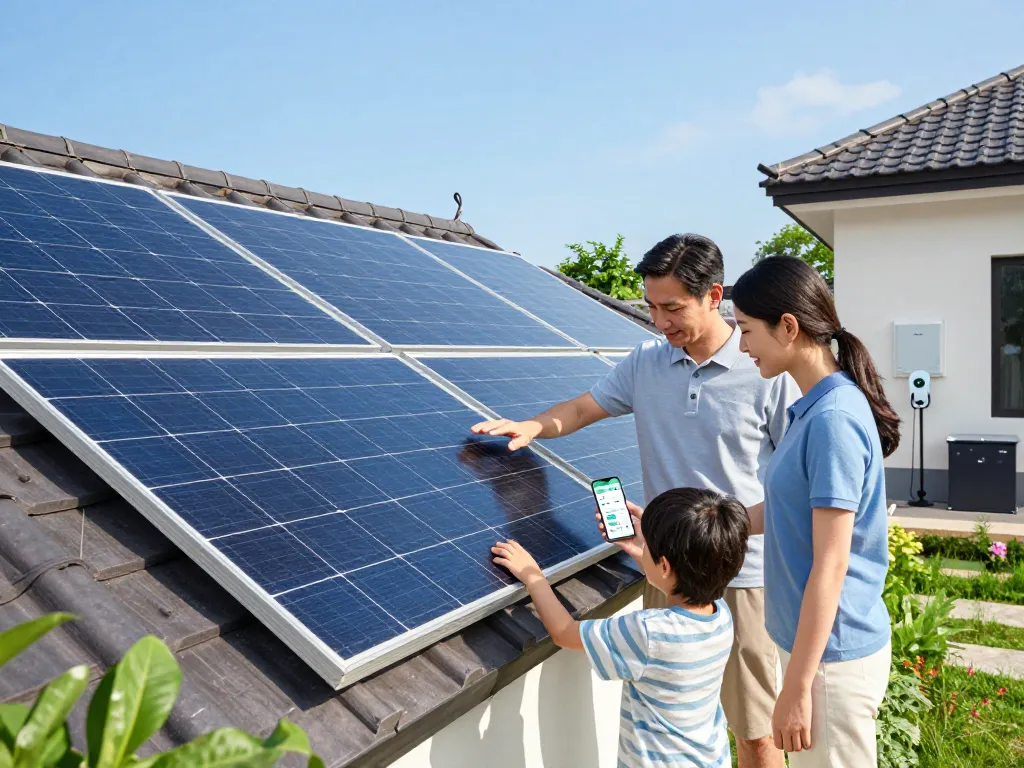Moduły bifacjalne – kiedy się opłacają: Innovative solar panels on a rooftop with a family exploring energy solutions.