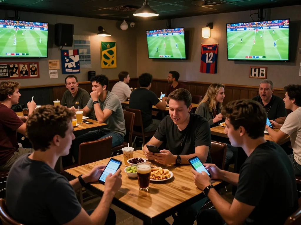 Socolive trực tiếp bóng đá enhances sports betting atmosphere, fans cheering with smartphones analyzing betting strategies.