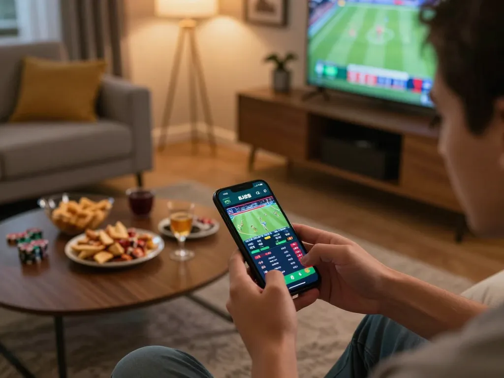 Experience live sports betting with BJ88bj on a smartphone in a cozy living room.
