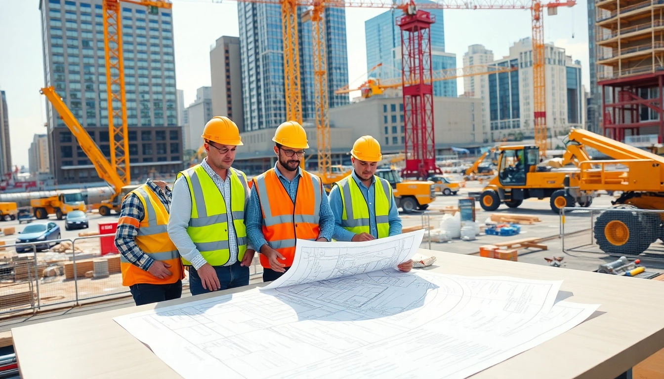 New Jersey Commercial General Contractor team reviewing blueprints on a busy construction site.
