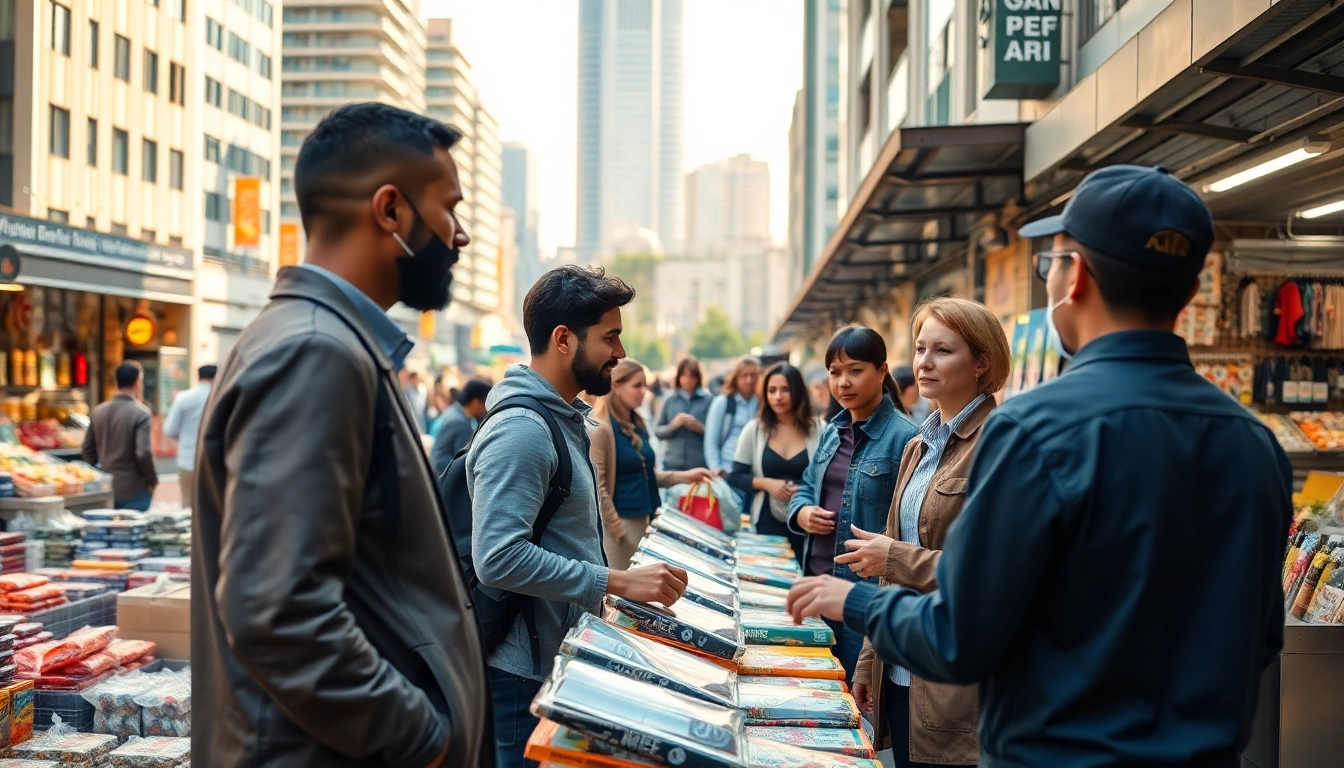 Engaging scene of modern trade in a bustling marketplace with diverse people interacting.