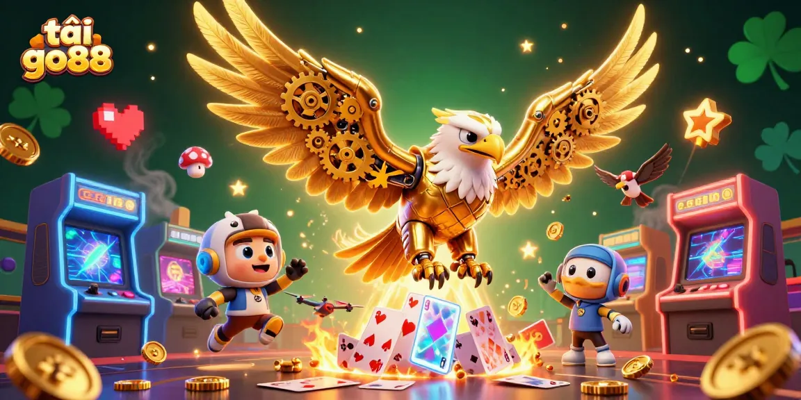 Experience tải go88 with a dynamic scene featuring a cybernetic eagle amidst a colorful casino-themed setting.