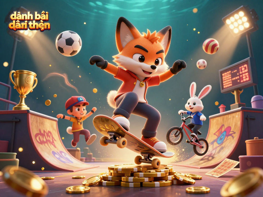 Experience đánh bài đổi thưởng with thrilling tricks from cartoon foxes amid vibrant casino elements.