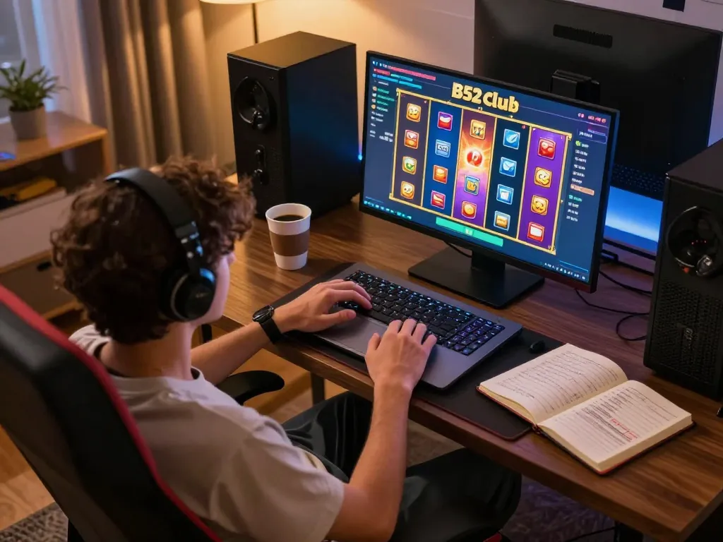 Một người chơi đang thưởng thức một trò chơi slot B52 club năng động trên laptop trong một không gian ấm cúng tại nhà, làm nổi bật trải nghiệm chơi game trực tuyến hấp dẫn.