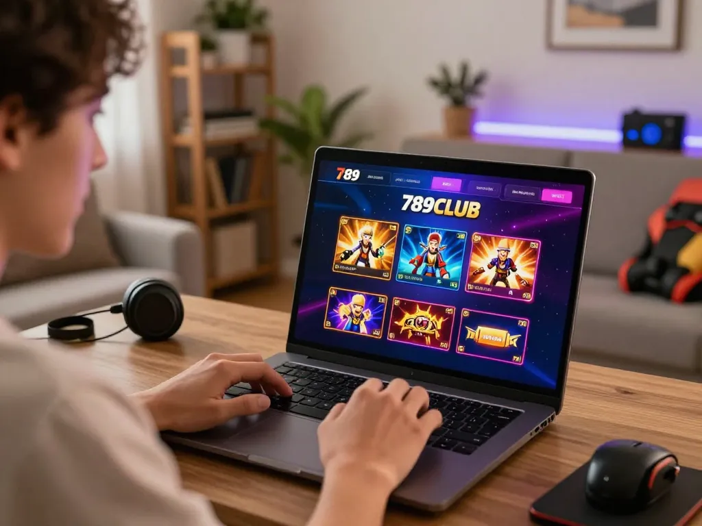 Engaging user playing 789CLUB online casino on laptop in a cozy setting, emphasizing responsible gaming.