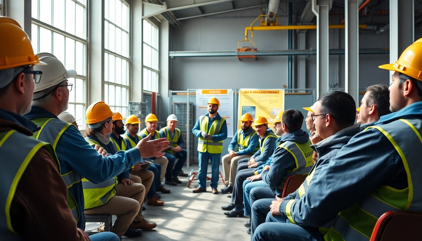 Engaged group participating in construction safety training with an instructor leading the session.