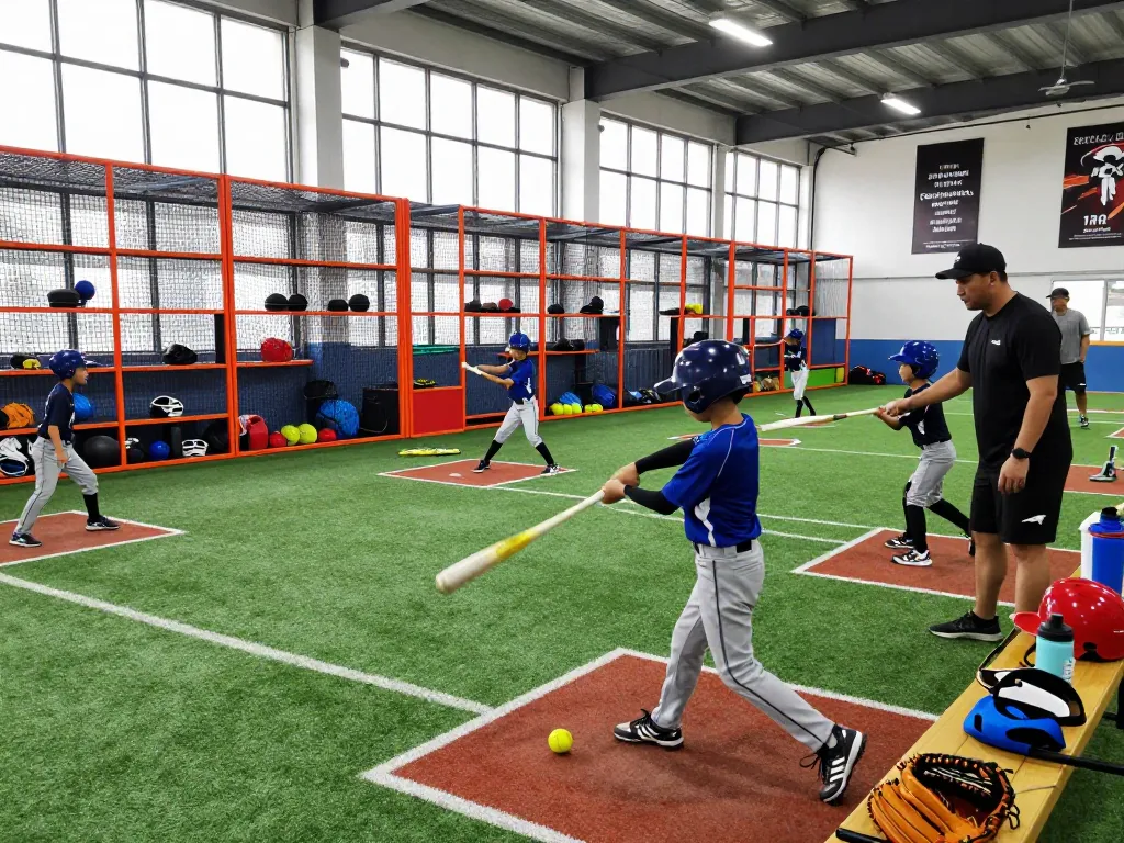Hitclub baseball training session with young athletes practicing hitting techniques in a vibrant facility.