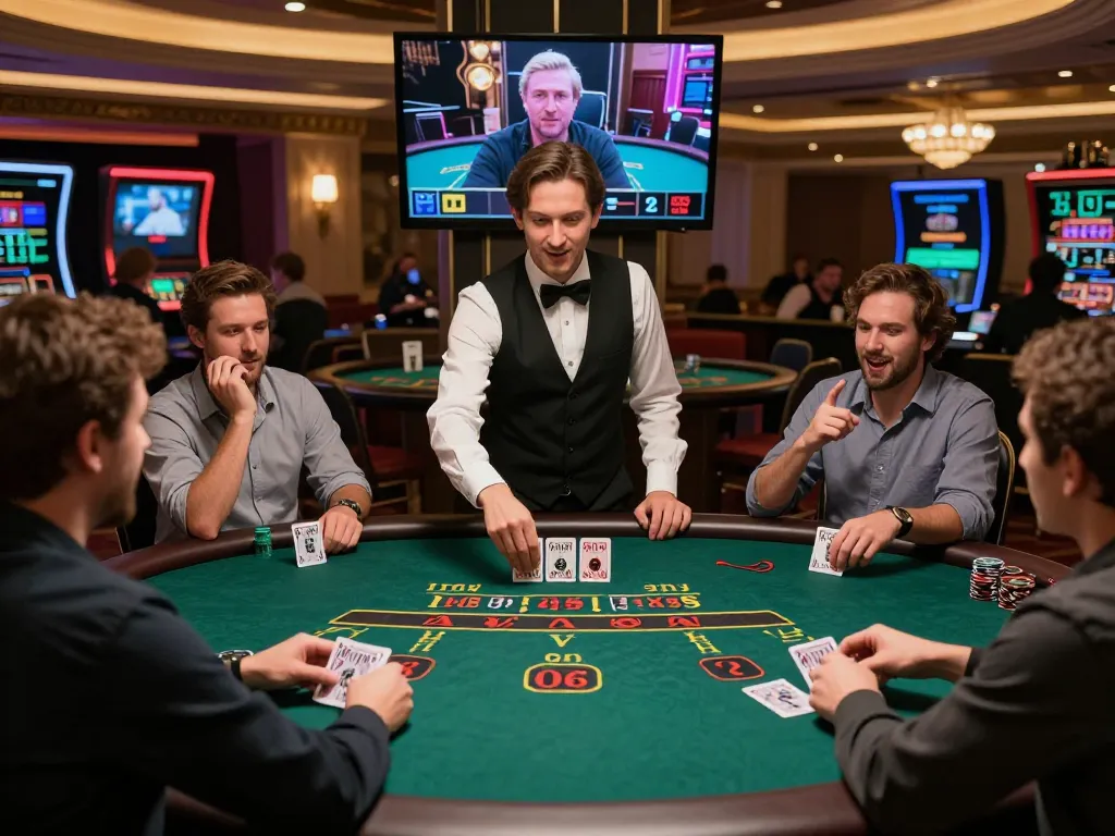 go88 players enjoying live dealer blackjack in an upscale online casino, capturing strategic gameplay