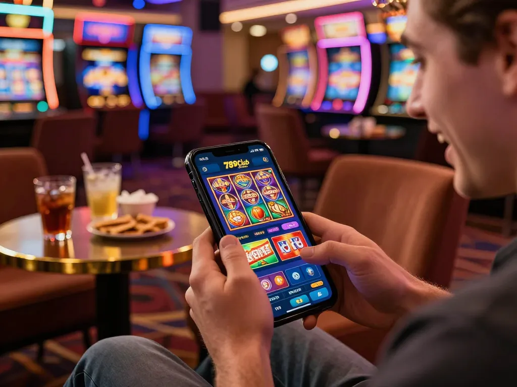 Engaging player tải game 789club on mobile device at a digital casino, vibrant Las Vegas ambiance with neon lights.