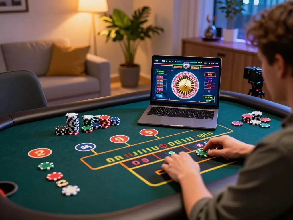 Engaged player at home using BL555 for online roulette gaming with vibrant chips.