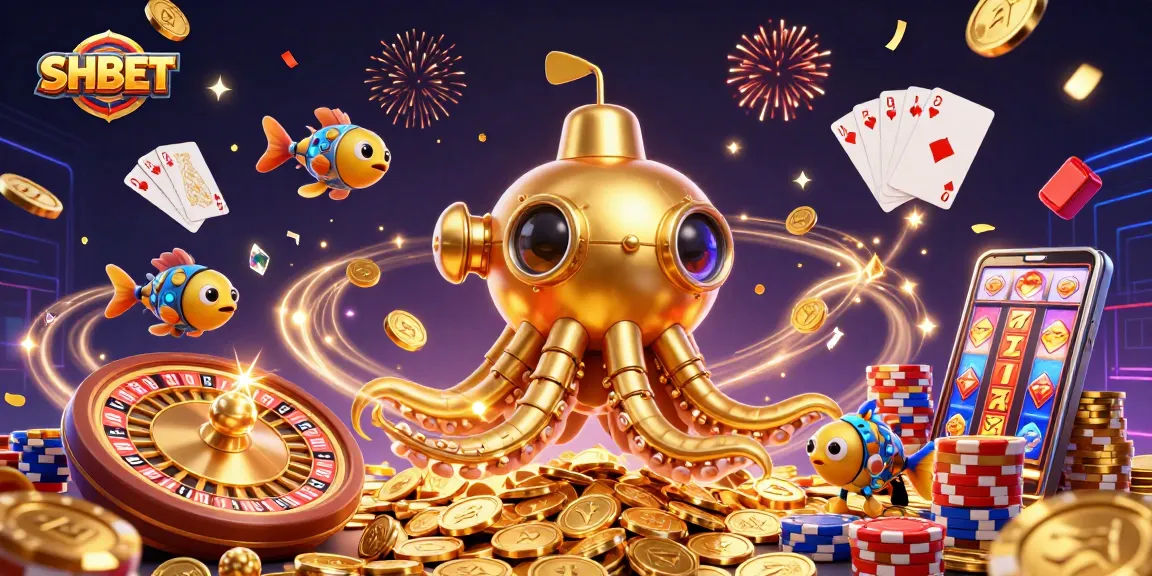 Join the excitement at SHBET with a golden kraken submarine surrounded by thrilling casino elements.