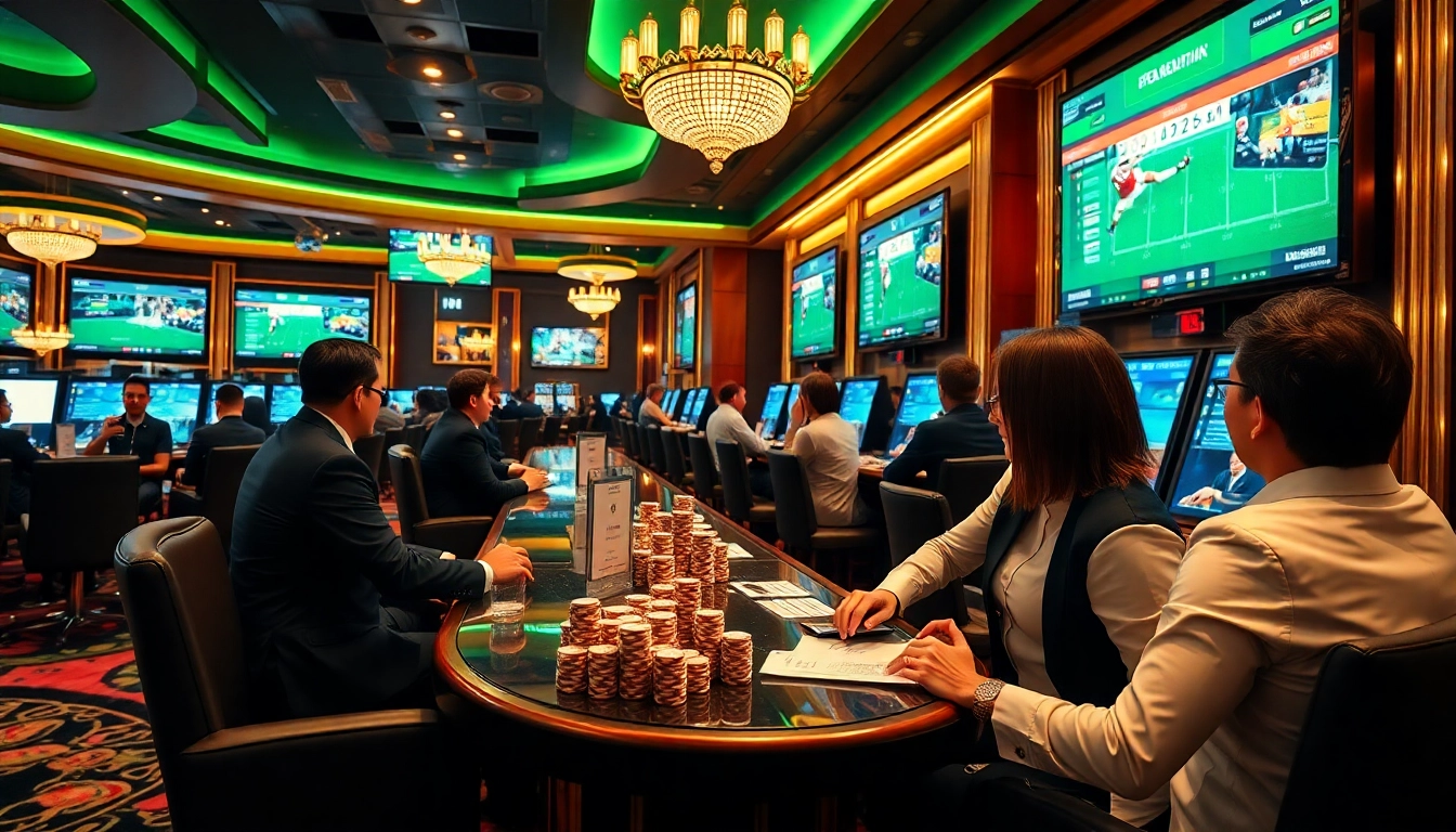 Place your bets at https://lucky88.ceo/ in an exciting sports betting setting with patrons engaged in the action.
