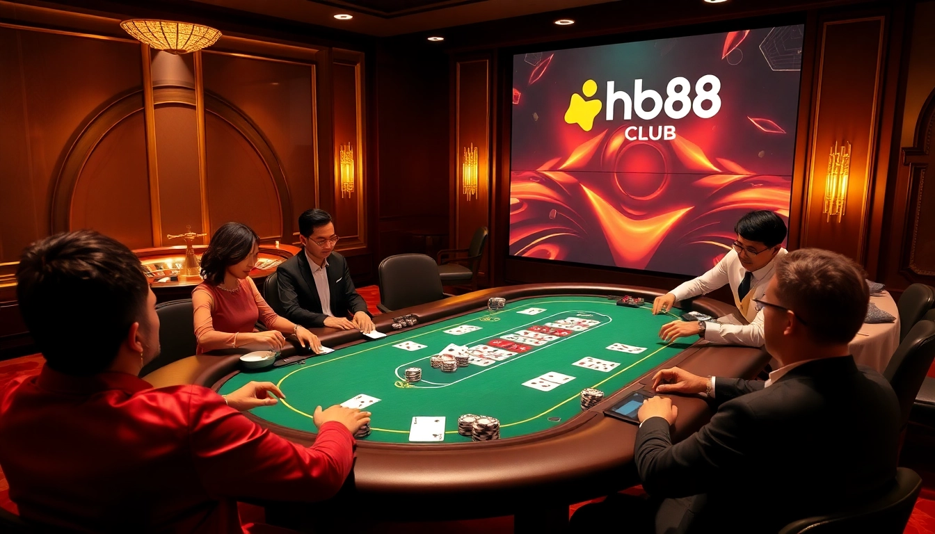 hb88 club engaging players at a luxurious poker table surrounded by excitement.
