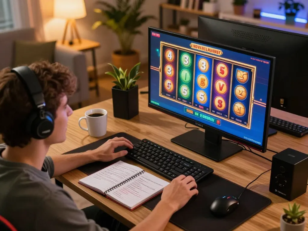 Engaging online casino scene with a player enjoying virtual slots, showcasing fc88 gaming strategy.