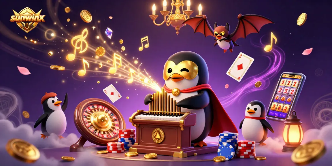 Experience the thrills of sunwinx with a vibrant 3D scene showcasing a penguin in a golden mask, coins flying, and magical elements.