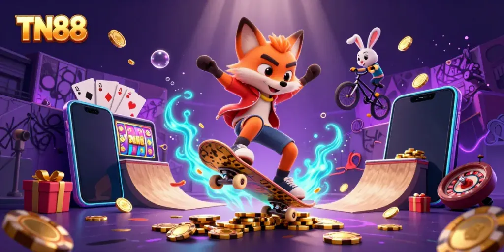 Experience the thrill of TN88 as a fox skates over golden poker chips, surrounded by dynamic casino symbols.