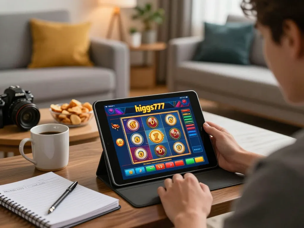 Pengguna yang terlibat menggunakan aplikasi higgs777 di tablet di ruang tamu yang nyaman, menyoroti perjudian yang bertanggung jawab.