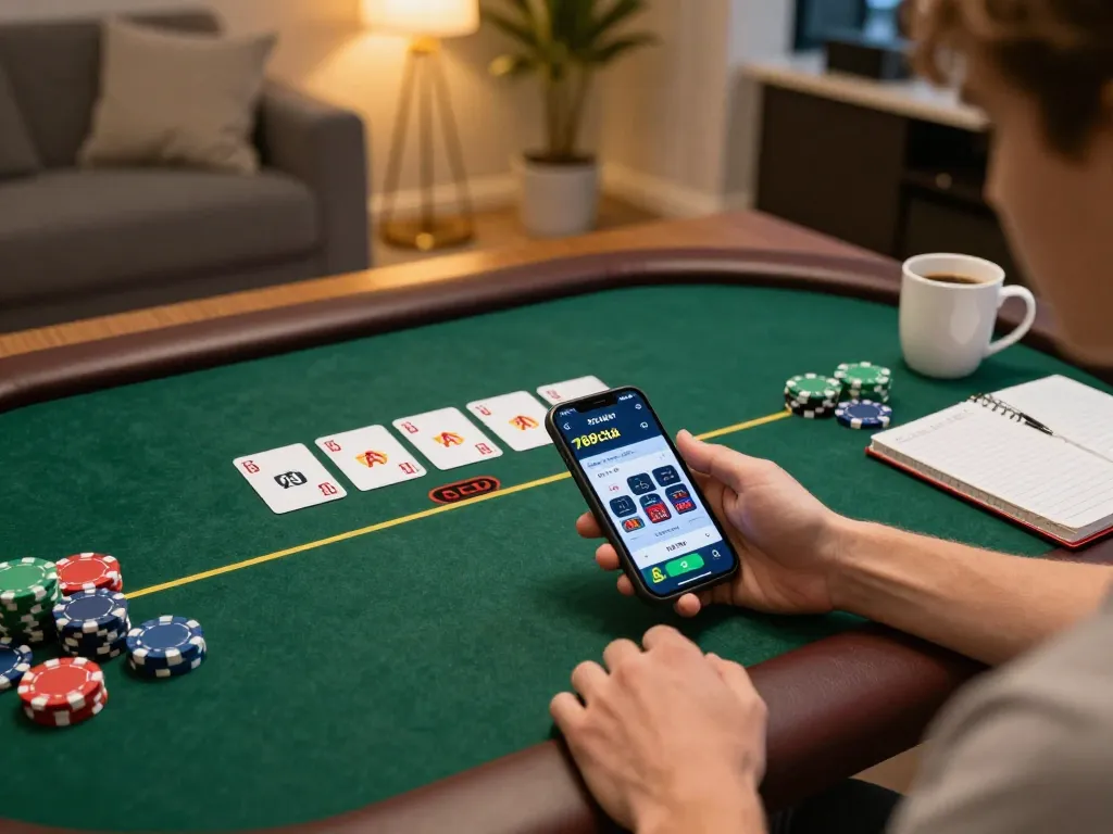 Player engaged with the 789club app during an online poker game in a cozy living room.