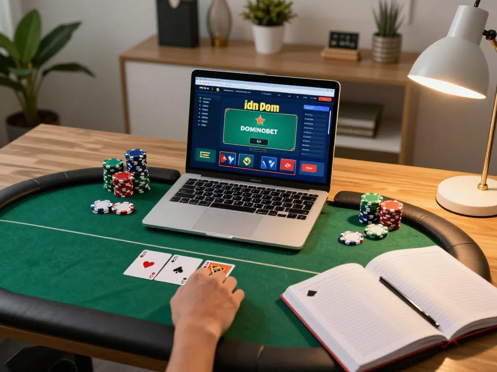 Engaging play on idn poker dominobet with vibrant chips and cards in a cozy online gaming setup.