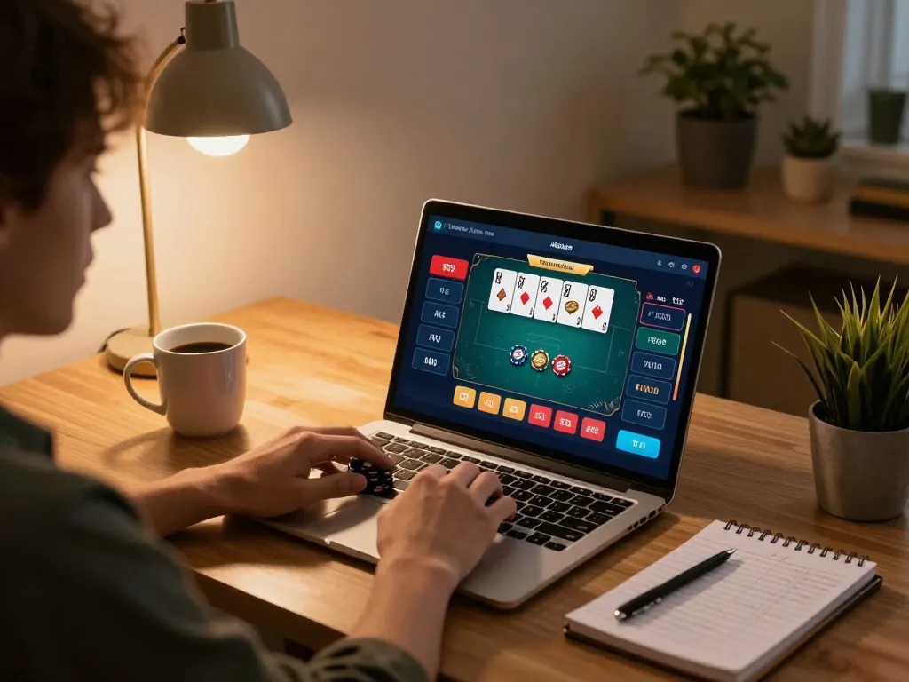 Engaged player using fun 79 platform for online poker at home, showcasing cozy gaming setup.