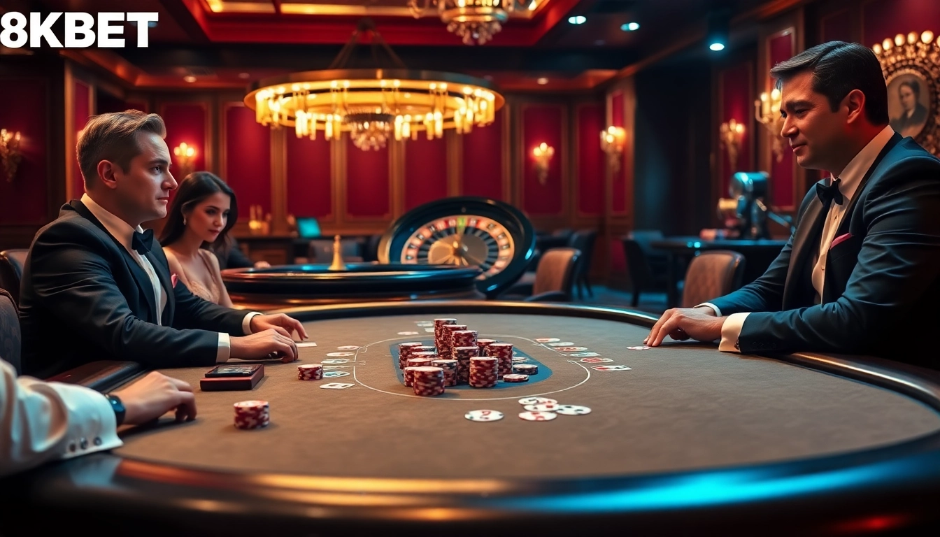 Players enjoying a high-stakes poker game at 8KBET casino.