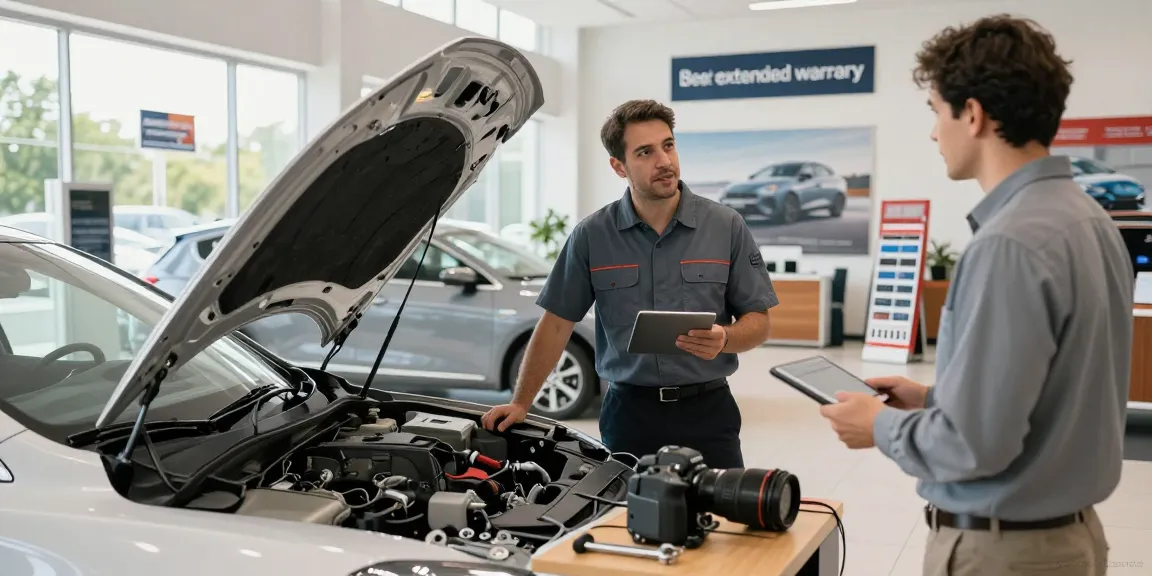 Service technician demonstrating the best extended warranty for cars at an automotive dealership.