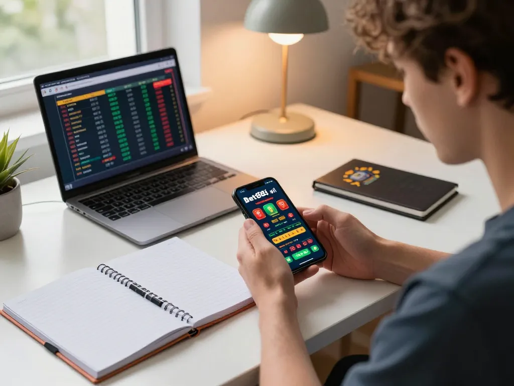 Player engaging with the bet88i mobile app in a cozy home setting, highlighting strategic online gambling.