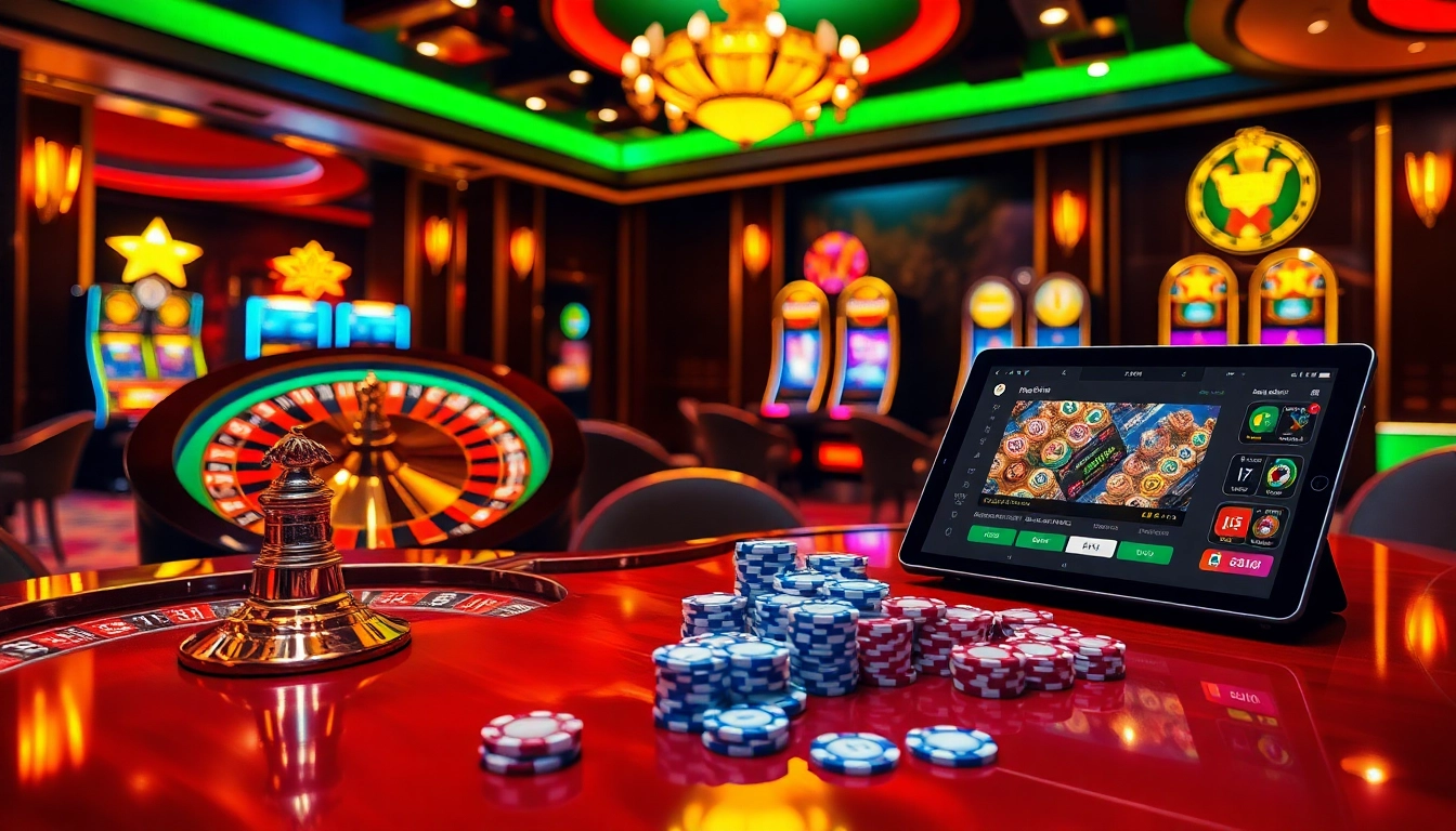Experience the thrill of online gambling at s666hn.com with a luxurious casino scene featuring exciting slot machines and poker tables.