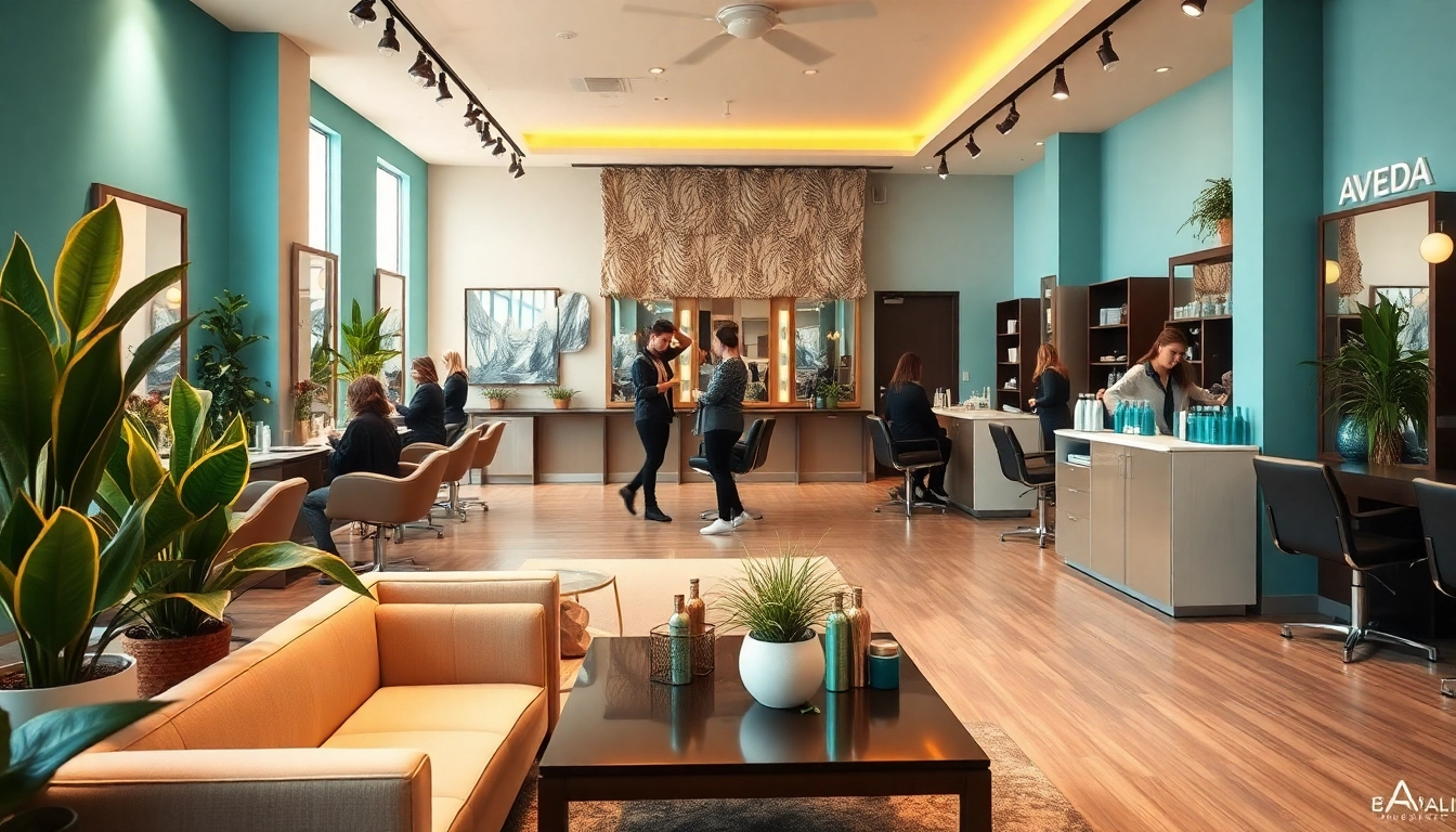Stylish interior of a hair salon in San Diego, showcasing professional styling and Aveda products.