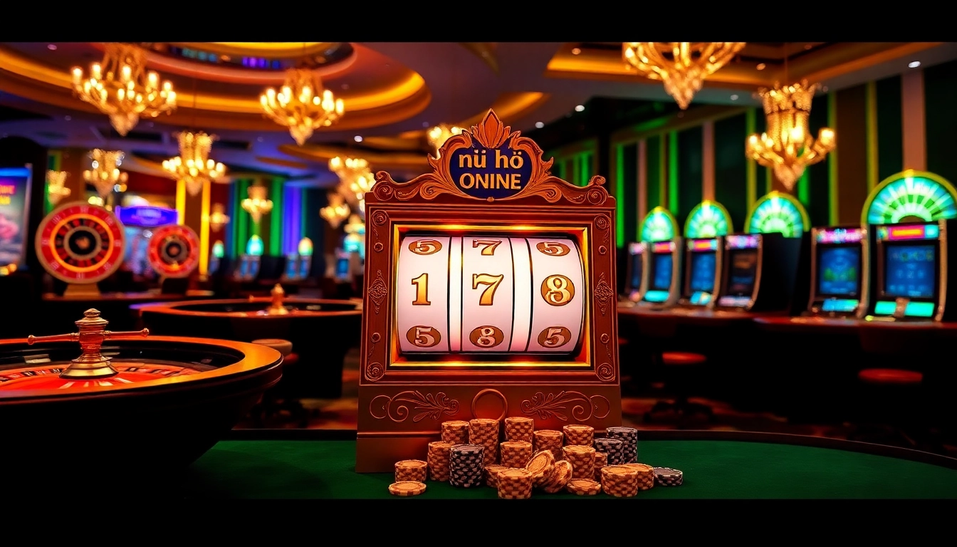Spin and win on nổ hũ online slot machines in a vibrant casino atmosphere.