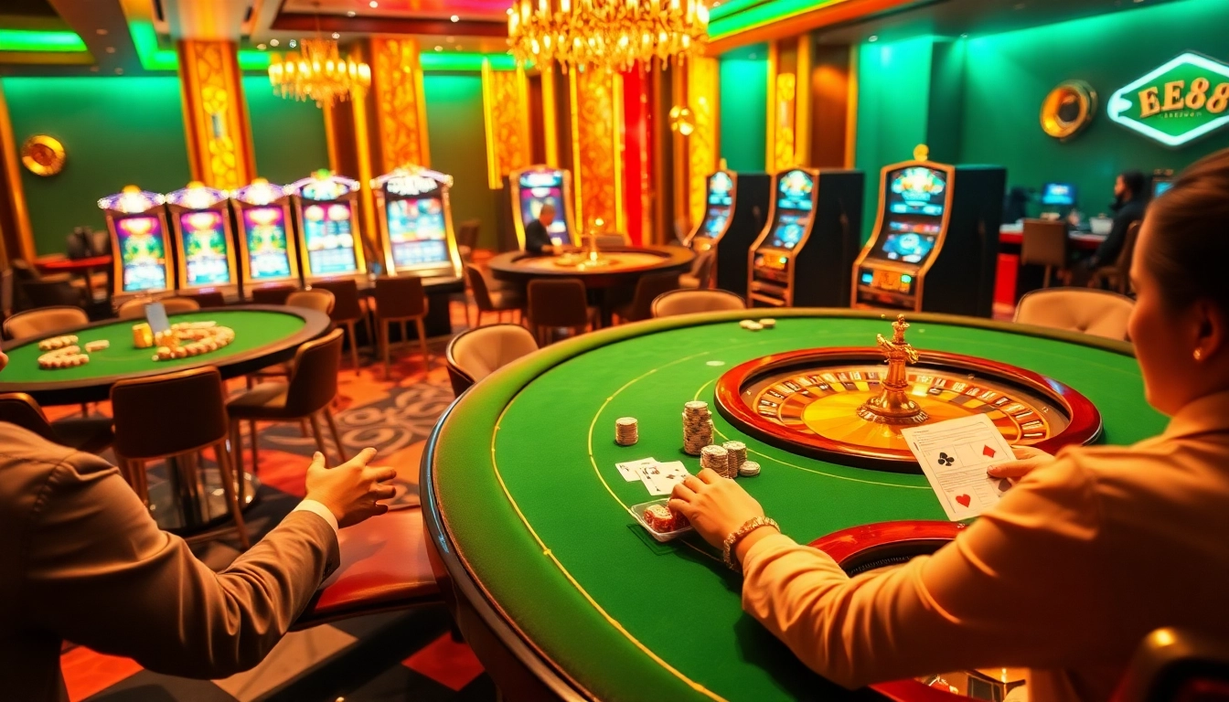 Engaging scene of rút tiền ee88 process featuring players at a casino table with poker chips.
