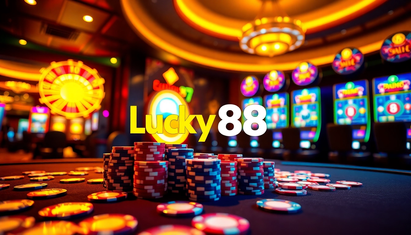 Experience the thrill of Lucky88 at an exciting casino gaming table with vibrant poker chips.