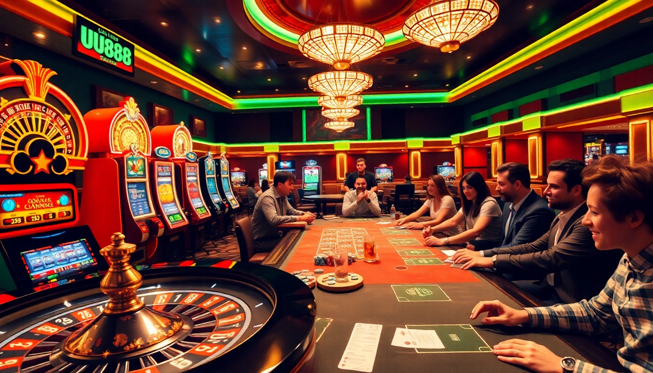 UU88 casino scene depicting vibrant gambling action with poker chips and roulette wheel.