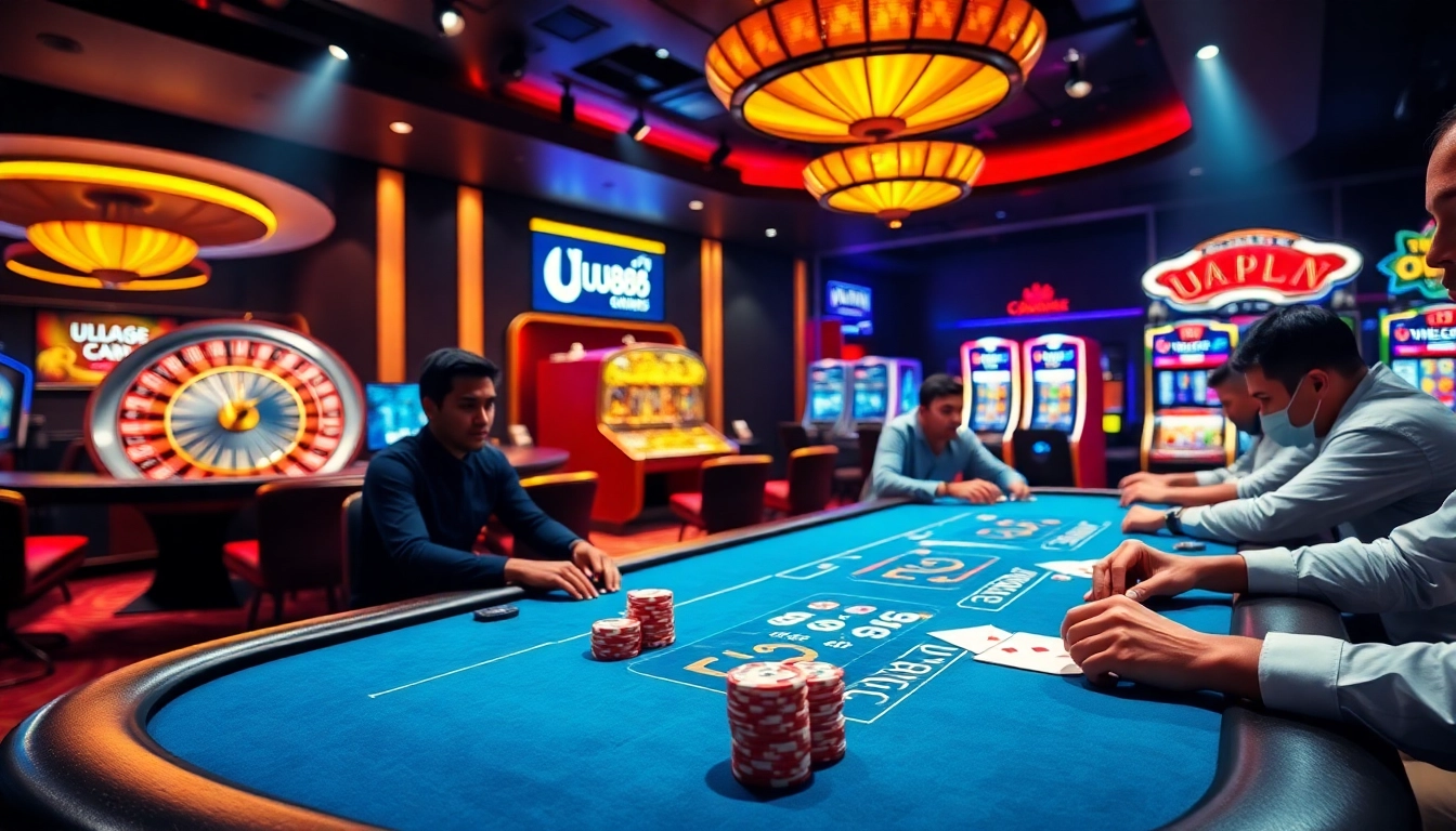 Exciting UU88 poker table gameplay with vibrant chips and dim casino lighting.