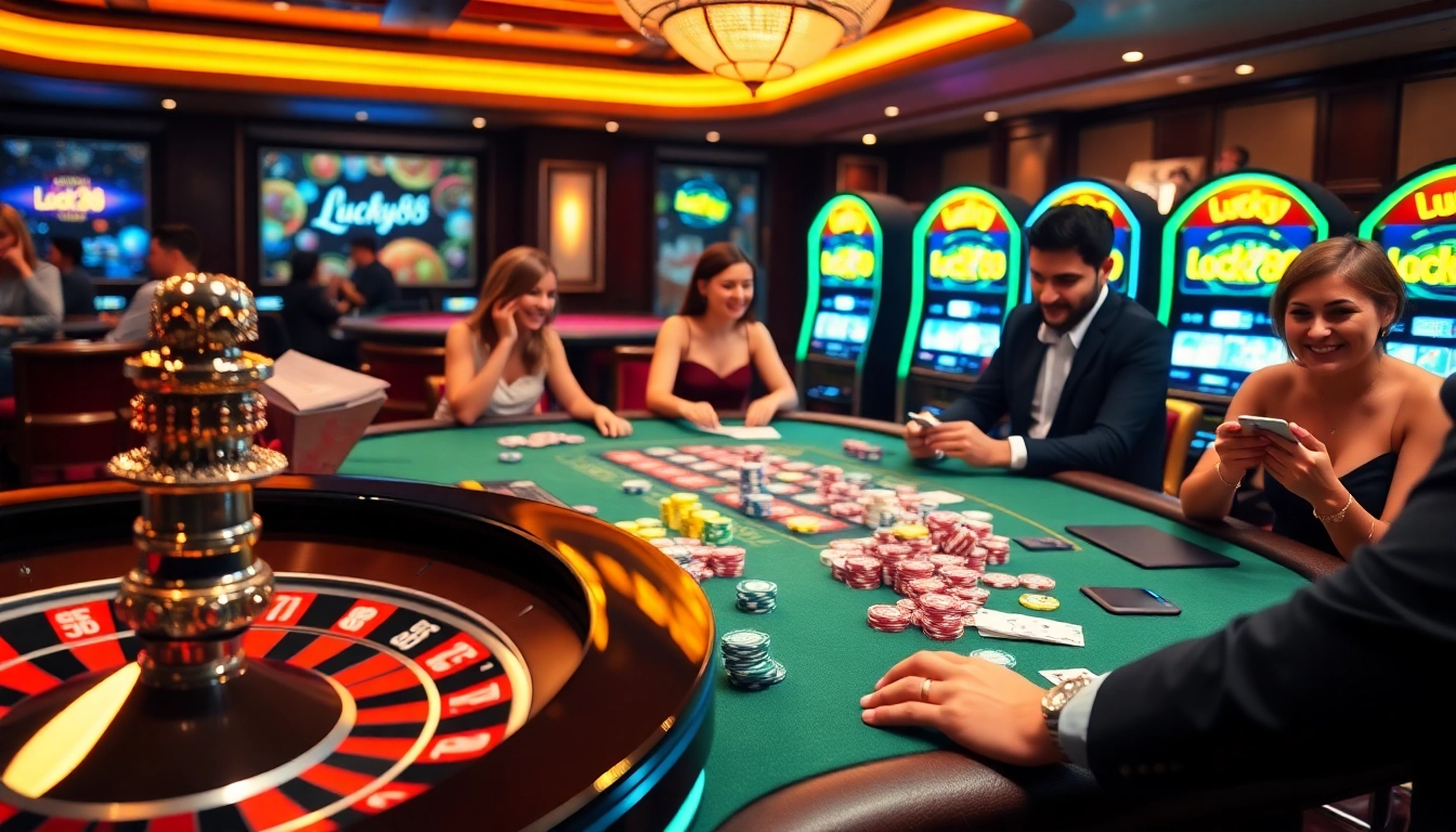 Players enjoy thrilling games at the Lucky88 casino, celebrating wins at a poker table.
