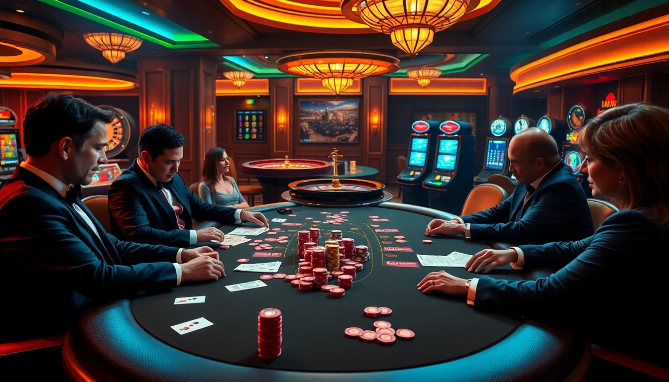 Players engaging in a thrilling poker game at 33win, highlighting high-stakes action and luxury.