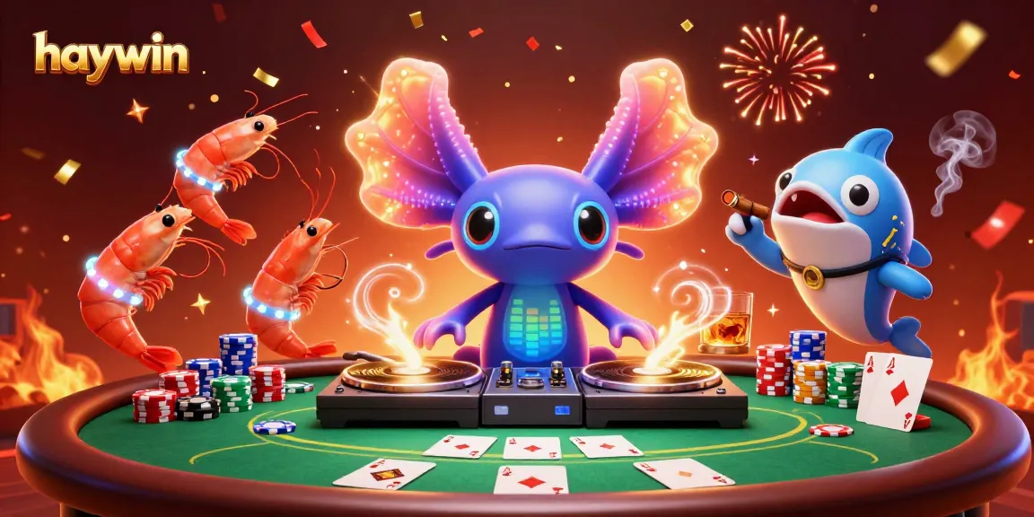 Engage with the vibrant scene of haywin where a neon axolotl DJ spins tunes as prawns dance at a poker table.